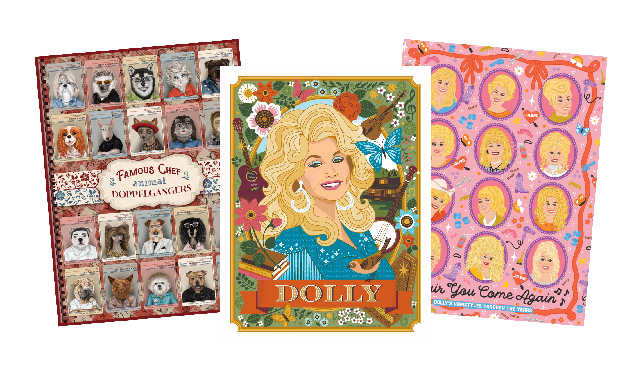 Our three featured puzzles: Dolly Parton illustrated portrait puzzle, Celebrity Chef Animal Doppelgangers puzzle, and "Hair You Come Again" Dolly's Hairstyles Through The Years puzzle.